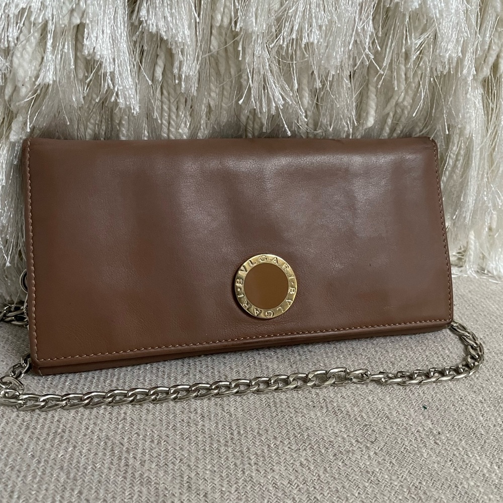 Bulgari Brown Leather Chain Wallet with Gold Accent